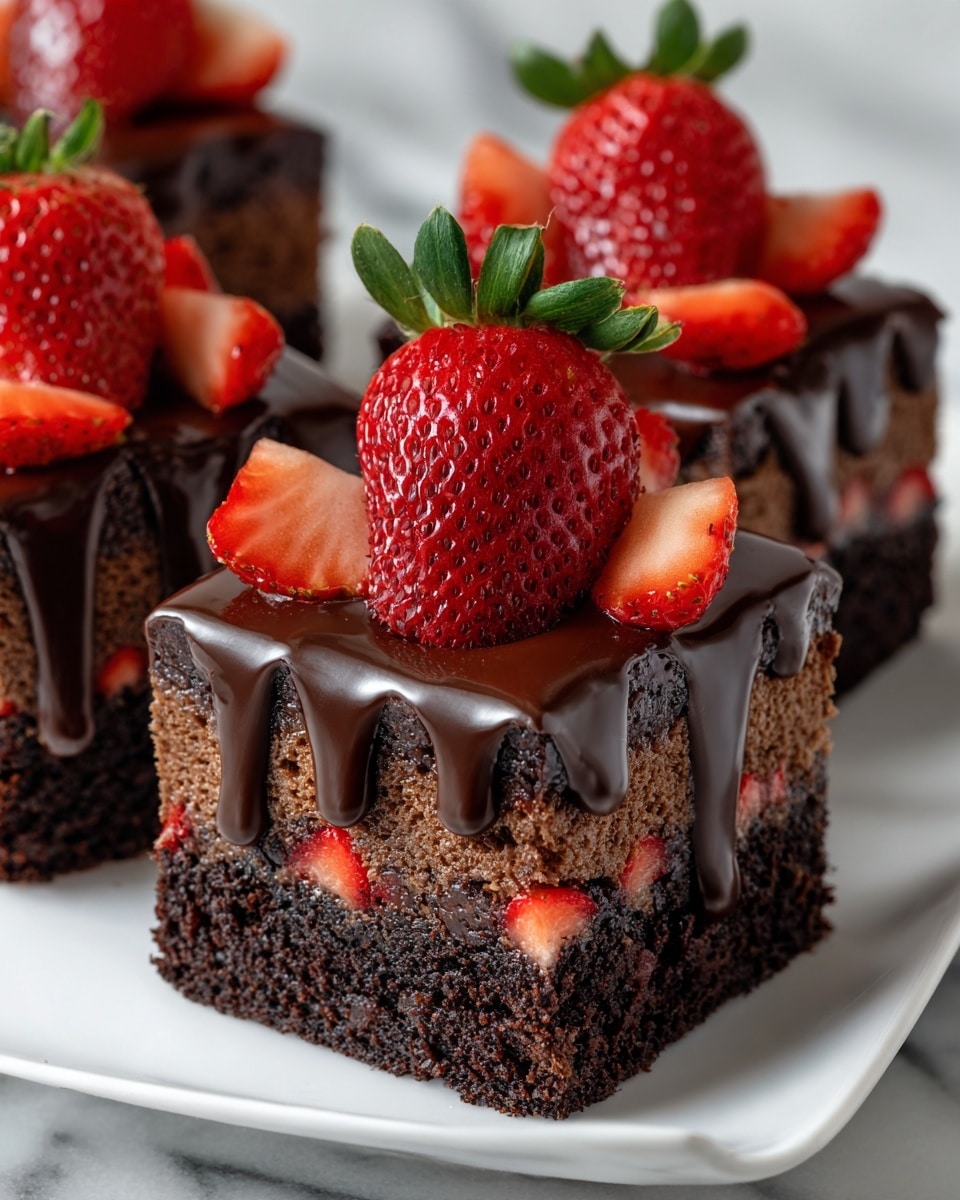 The image shows three square pieces of chocolate dessert on a white plate, each with three visible layers: a dark brown bottom cake layer, a middle layer filled with small chunks of red strawberries, and a top layer of dark chocolate drizzle that flows down the sides. On top of each square, there are fresh strawberry halves and a whole strawberry with a green stem, adding bright red and green colors that contrast with the dark chocolate. The background has a white marbled texture. photo taken with an iphone --ar 4:5 --v 7