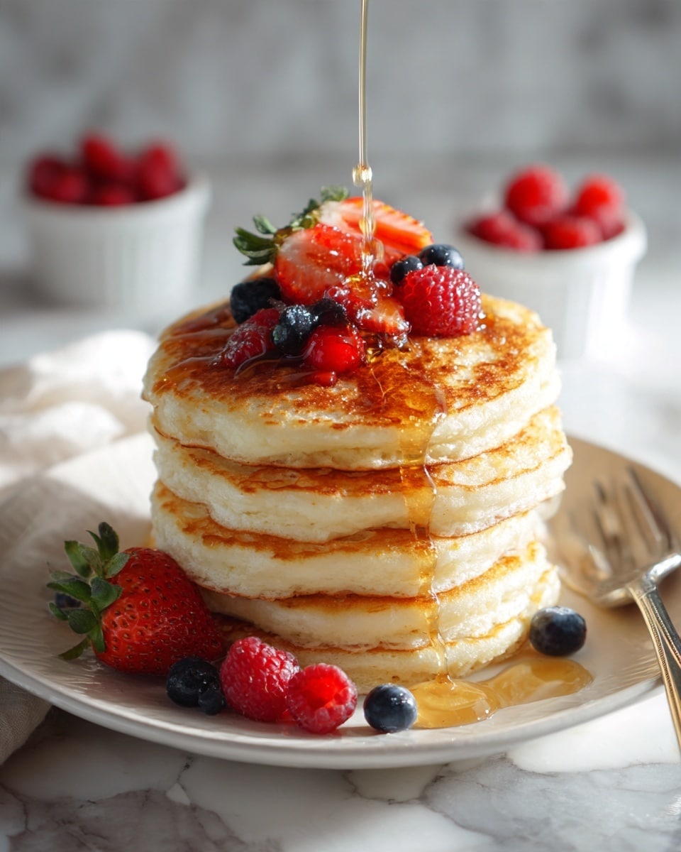 A tall stack of six golden brown pancakes sits centered on a white plate, each pancake thick and fluffy with a soft texture. The top pancake is adorned with fresh, vibrant red raspberries, sliced strawberries, and deep blue blueberries. A clear, amber syrup is being poured over the stack, slowly dripping down the sides and pooling slightly on the plate. More fresh berries are scattered around the base of the pancakes on the plate. A silver fork rests leaning against the right side of the plate. The whole scene is set on a white marbled surface with a blurred neutral light background. Photo taken with an iphone --ar 4:5 --v 7