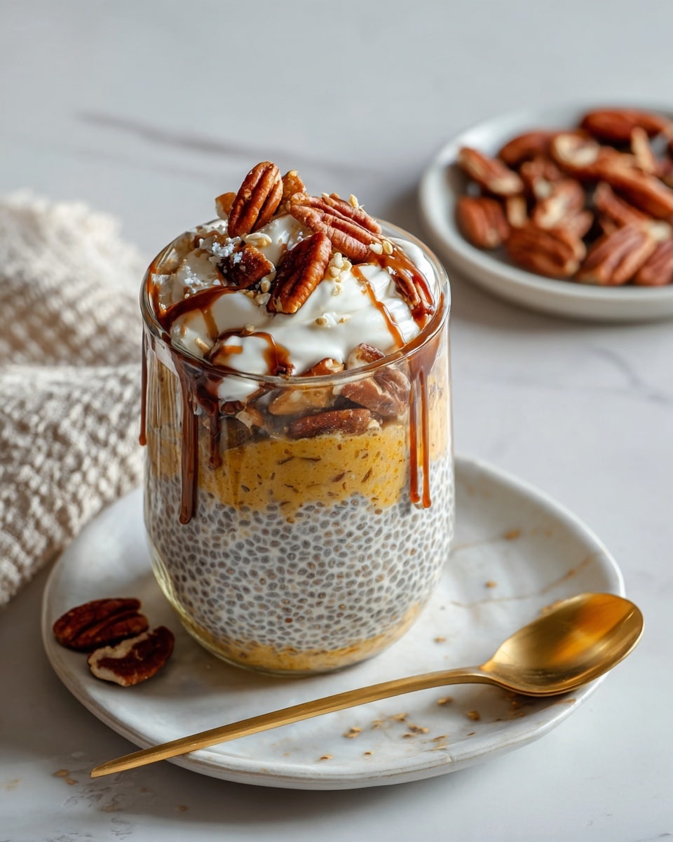 The image shows a clear glass jar filled with three visible layers: a thick, creamy yellowish chia seed pudding with a grainy texture on the bottom, a middle layer of pecan nuts that are dark brown and chunky, and a top dollop of smooth white cream garnished with small pieces of pecans and a dark drizzle of syrup. The jar is placed on a white marbled surface with a white plate holding more pecans in the background, a golden spoon with some white cream on it lies nearby, and a beige cloth with black stripes is folded to the right. The photo taken with an iphone --ar 4:5 --v 7