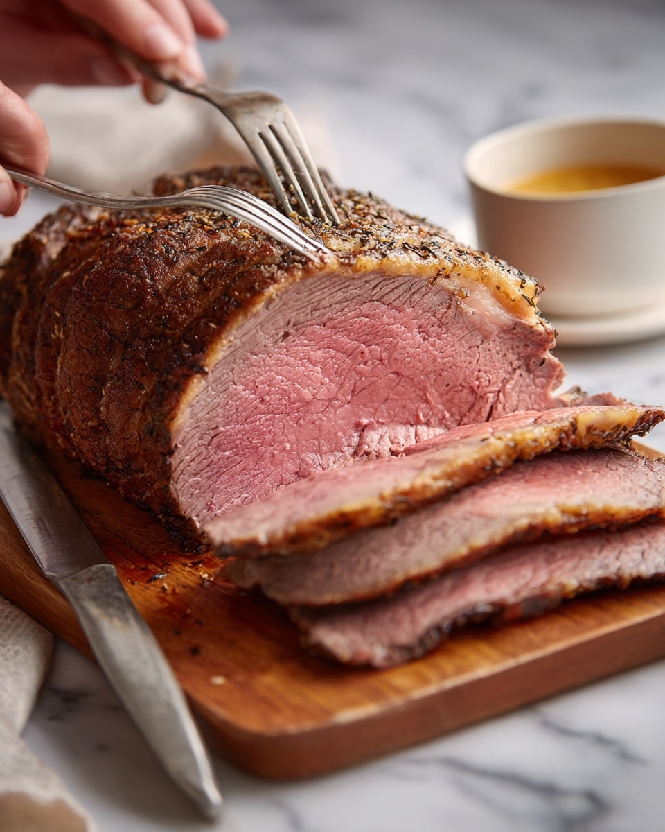 A thick piece of roast beef being sliced on a wooden board with a knife and a fork held by a woman's hand; the roast has a dark brown crust with a layer of slightly yellow fat beneath it, next inside is a medium pink cooked center, and beneath that is a lighter brown cooked outer layer; several sliced pieces of the roast lie on the board, showing a gradient of colors from the dark crispy edges to the pink center; a white small bowl with a golden sauce sits blurred in the background on a white marbled surface photo taken with an iphone --ar 4:5 --v 7