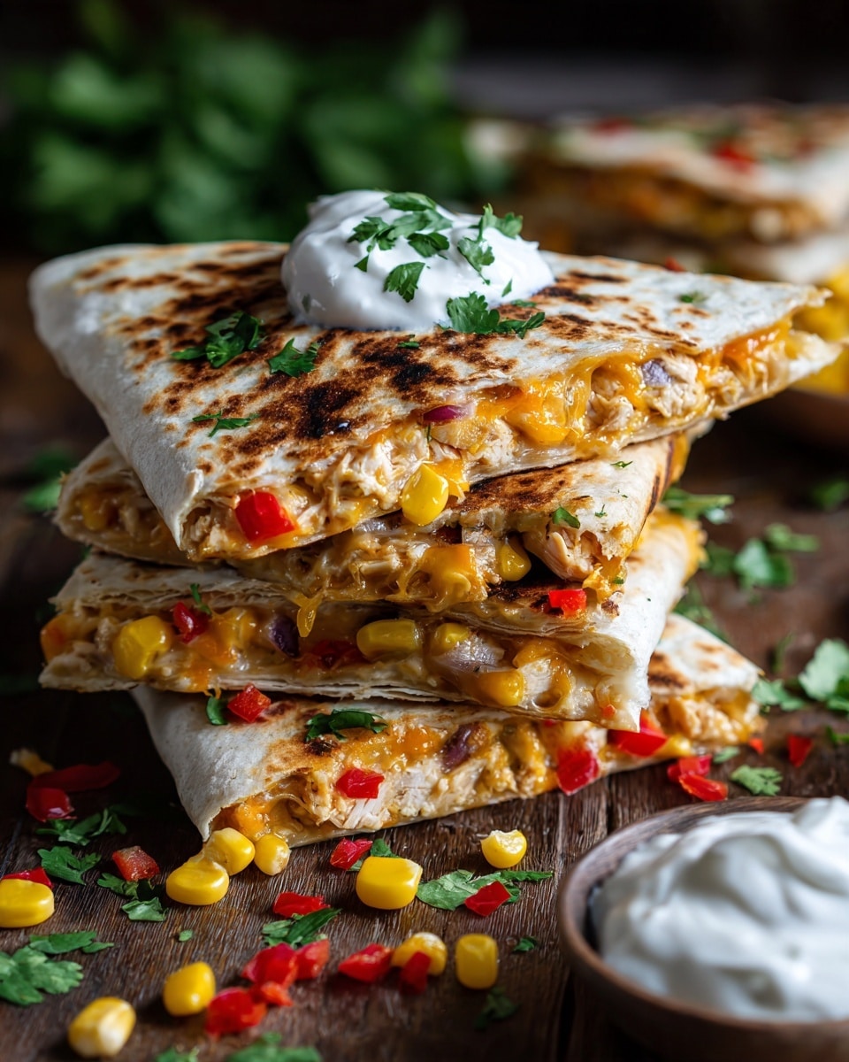 A stack of three toasted quesadilla triangles is shown on a wooden board. Each quesadilla piece has two layers of light brown grilled tortillas with melted yellow cheese, small pieces of red bell pepper, yellow corn kernels, and bits of shredded cooked chicken visible between the layers. One quesadilla piece at the top has a dollop of white sour cream garnished with a few small green cilantro leaves. Some corn, red pepper, and onion pieces are scattered around on the board. A small white bowl with more sour cream is placed at the bottom right on a white marbled surface in the background. Photo taken with an iphone --ar 4:5 --v 7