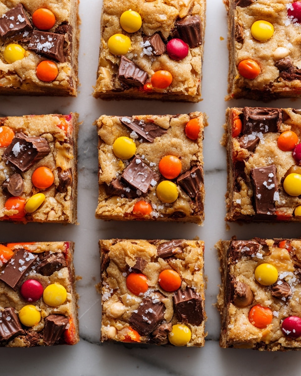 The image shows a top-down view of a batch of square blondies arranged neatly on a white marbled surface. Each blondie has one thick layer made of golden-brown cookie dough that looks soft and slightly crumbly with a textured surface. Embedded throughout the dough are colorful candy-coated chocolate pieces in red, orange, and yellow, along with chunks of chocolate and small peanut butter cups, adding shades of brown and dark brown. Some pieces show a light sprinkling of flaky sea salt on top, creating small white spots. The blondies have clean, straight edges from being cut. photo taken with an iphone --ar 4:5 --v 7
