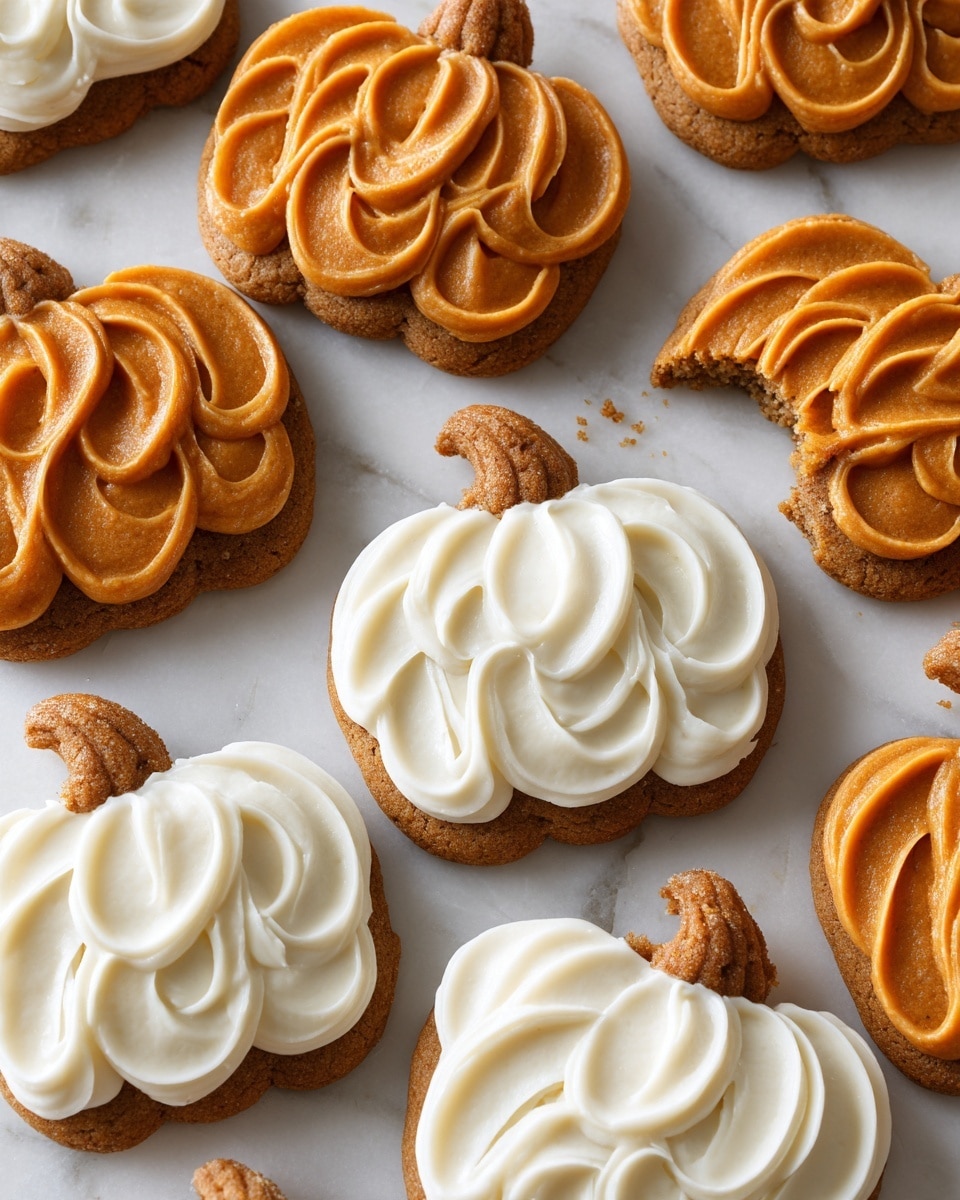 The image shows several pumpkin-shaped cookies laid out on a white marbled surface. Each cookie has two main layers: a light brown base cookie and a thick swirled frosting layer on top. Most frostings are orange with a textured, wavy pattern filling the pumpkin shape, while a few have white frosting in the same swirled style. Each pumpkin cookie also features a small brown frosting stem at the top, piped with a spiral texture. The cookies are arranged closely together, some with small crumbs around them, creating a cozy, homemade look. photo taken with an iphone --ar 4:5 --v 7