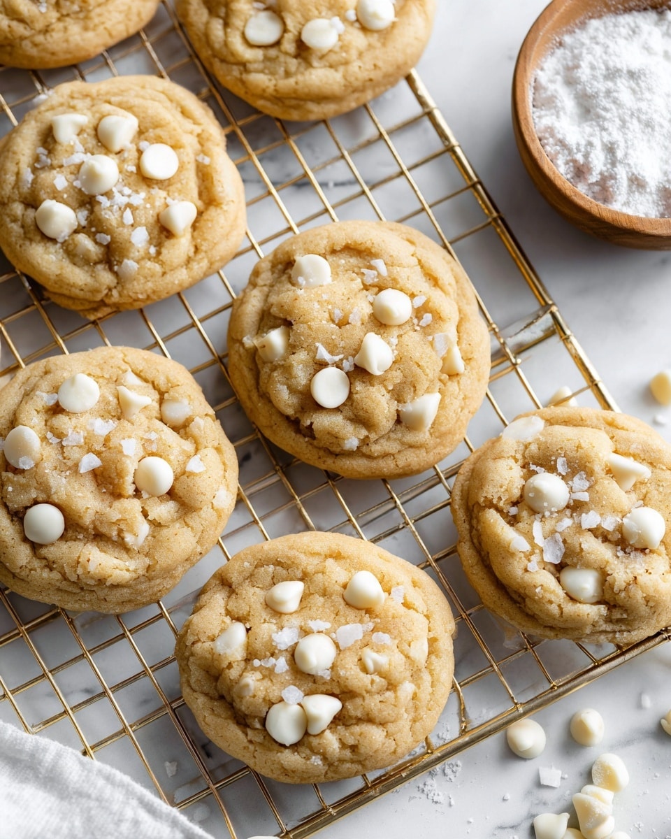 The image shows a group of round, golden brown oatmeal cookies with white chocolate chips spread evenly across the surface. One cookie near the top left has a bite missing, revealing a soft, chewy inside with the same white chips. The cookies rest on a light golden metal cooling rack placed on a white marbled surface. The cookies have a slightly rough, bumpy texture from the oats and chips, with some sprinkled flakes of sea salt adding contrast. In the top right corner, there is a small wooden bowl with white powder, likely flour or sugar. The whole scene is softly lit, making the cookies look fresh and warm photo taken with an iphone --ar 4:5 --v 7