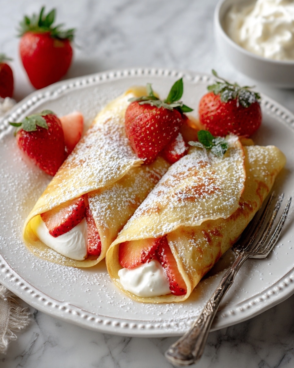 Three golden-brown crepes filled with white cream are folded into triangles and placed on a white plate with a raised swirl pattern. The crepes have a light dusting of white powdered sugar on top. Around the crepes, there are several strawberries, whole and sliced, showing their red color and green leaves. To the right of the plate, there is a beige bowl filled with more white cream. A silver fork sits at the bottom right edge of the plate, resting partly under one crepe. The dish is set on a white marbled textured surface. photo taken with an iphone --ar 4:5 --v 7