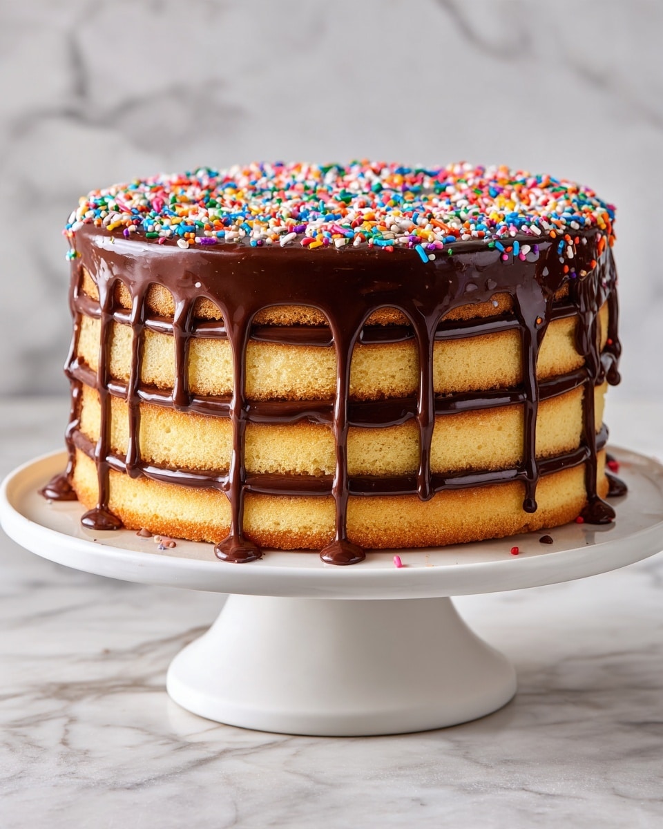 The image shows a tall cake with eight yellowish layers stacked one on top of another, each layer separated by a thin spread of dark chocolate. The top layer is covered with a glossy dark chocolate glaze that drips over the edges, with colorful round sprinkles scattered across the top and a few fallen on the white cake stand below. The cake stand has a ruffled edge and is set on a white marbled surface. The background is very light and soft, with no other objects in view. photo taken with an iphone --ar 4:5 --v 7