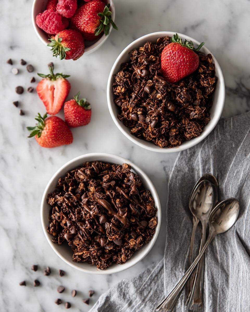 Two white bowls filled with dark brown chocolate granola with visible oats, some melted chocolate glistening on the surface, and scattered small dark chocolate chips. To the left, a small white bowl holds bright red fresh strawberries and raspberries. A pair of silver spoons rest on a pale blue and white checkered cloth on the white marbled surface. Photo taken with an iphone --ar 4:5 --v 7