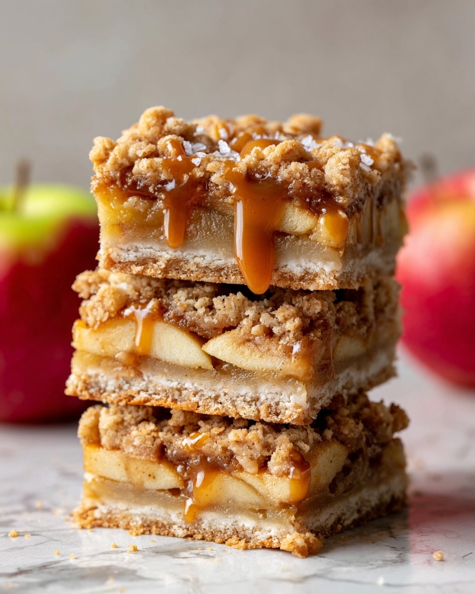 A stack of three square dessert bars sits on a white marbled surface, each bar showing three clear layers: the bottom layer is a pale, soft crust, the middle layer is filled with light golden cooked apple slices, and the top layer is a crunchy oat and crumb topping with a mix of golden brown and oat colors. The top is drizzled with a shiny caramel sauce that slowly drips down the sides, and there are large flakes of white salt sprinkled on top. In the blurred background, a red apple with a green stem adds a pop of color. Photo taken with an iphone --ar 4:5 --v 7