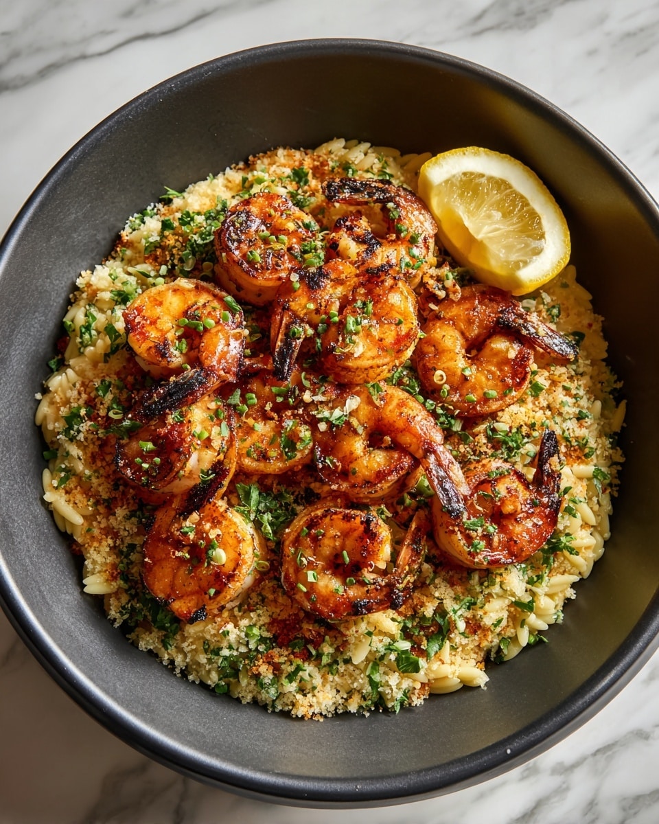 A round white bowl filled with a base layer of light yellow orzo pasta mixed with small green herb pieces, topped with a second layer of grilled shrimp arranged in a circular pattern. The shrimp are golden orange with charred grill marks and scattered green herbs, creating a textured look. A lemon wedge is placed near the edge of the bowl for garnish. The bowl is set on a white marbled surface. photo taken with an iphone --ar 4:5 --v 7
