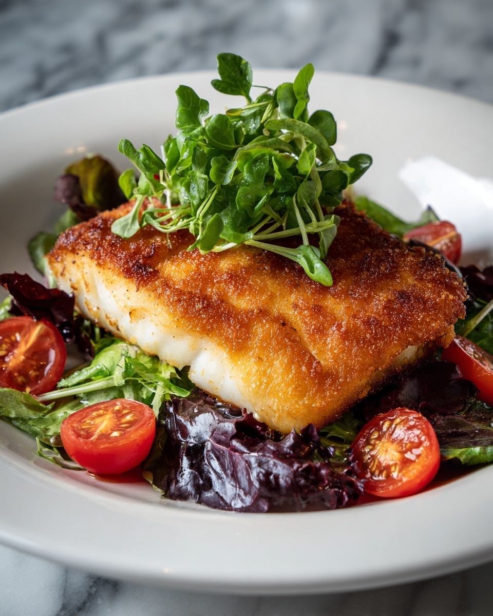 The dish shows a thick, golden-brown fried fillet on top, with a crispy and crunchy crust. Beneath it, there is a layer of mixed leafy greens in deep green and purple shades, with pieces of red and orange cherry tomatoes sliced in half scattered around the base. On top of the fillet, there is a small bunch of fresh, bright green leaves for garnish. All of this is served on a white plate with a subtle texture, placed on a white marbled surface. photo taken with an iphone --ar 4:5 --v 7