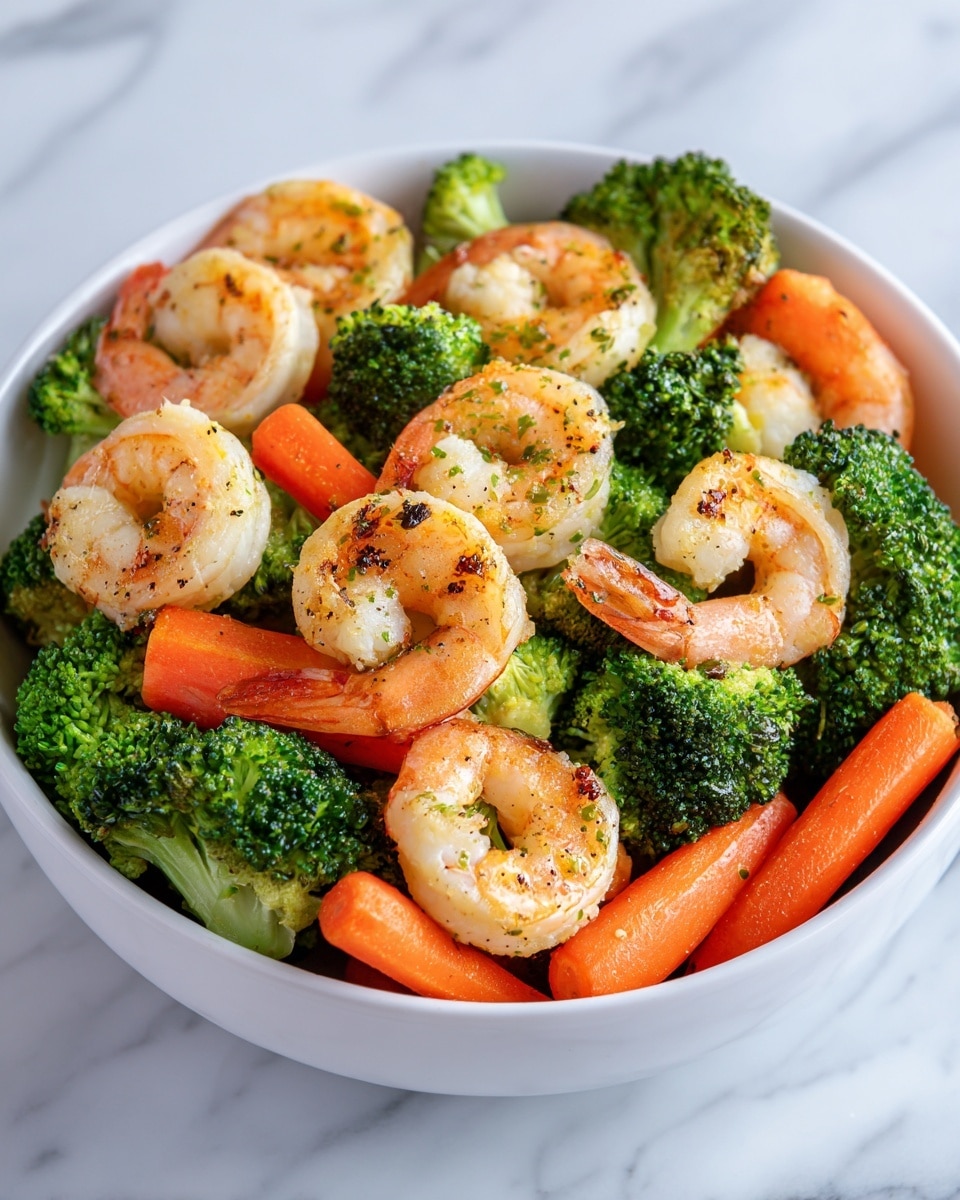 The image shows a white bowl filled with a colorful shrimp and vegetable stir-fry. The dish has three main layers: bright orange cooked shrimp at the top with a slight shine, vibrant green broccoli florets scattered evenly throughout, and thin, glistening orange carrot sticks mixed between the shrimp and broccoli. The shrimp have a firm texture with subtle grill marks, while the broccoli looks fresh and crisp. The white bowl contrasts nicely with the vibrant colors of the food, all sitting on a white marbled surface. Photo taken with an iphone --ar 4:5 --v 7