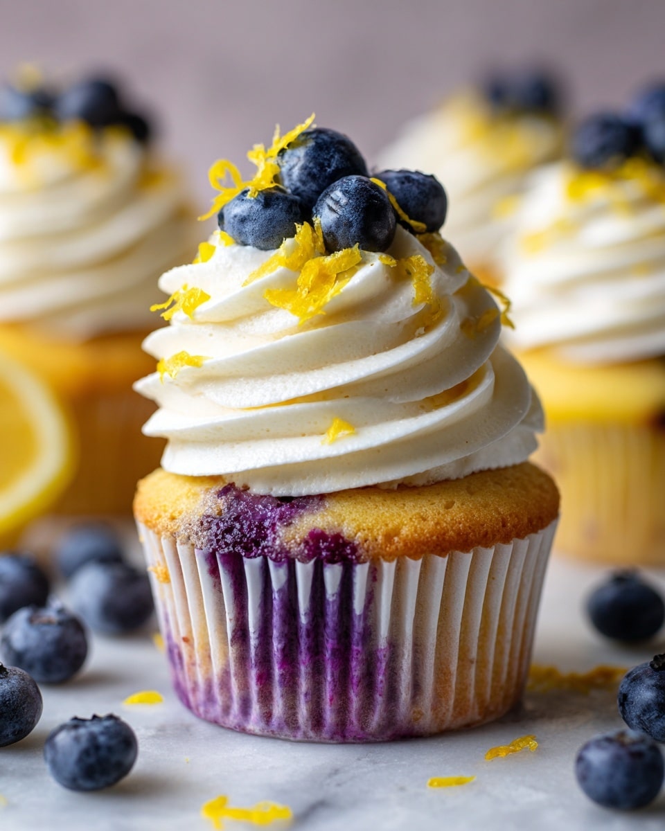 A close-up of a cupcake with three layers: the bottom layer is a light yellow cake with purple blueberry spots near the top edge, the middle layer is a thick swirl of white creamy frosting, and the top layer shows several fresh blueberries and small twists of yellow lemon zest placed carefully on the frosting. The cupcake is in a white paper liner that is peeled back slightly, sitting on a light blue surface. In the background, there are two more similar cupcakes, out of focus, with white frosting, blueberries, and some lemon pieces on a white marbled textured surface. Photo taken with an iphone --ar 4:5 --v 7