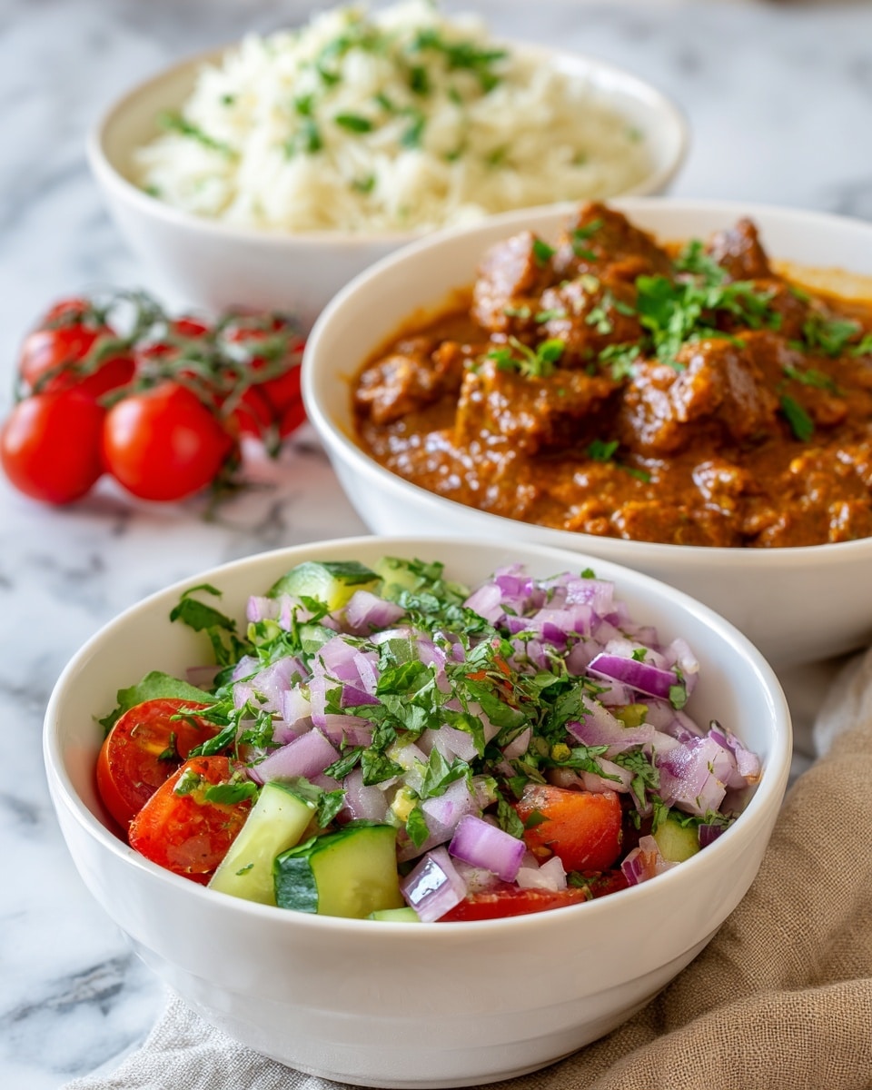 A close-up view of a white bowl filled with a fresh salad made of roughly chopped layers including bright red cherry tomatoes, crisp green cucumber pieces, and purple-red onion chunks mixed with small green herb leaves, placed on a white marbled surface with a beige cloth nearby; behind, there is a metallic copper bowl with two golden handles containing a thick red-brown curry with chunks covered in sauce and garnished with green herbs, and a white bowl filled with fluffy white rice topped with green herbs is blurred in the background. photo taken with an iphone --ar 4:5 --v 7