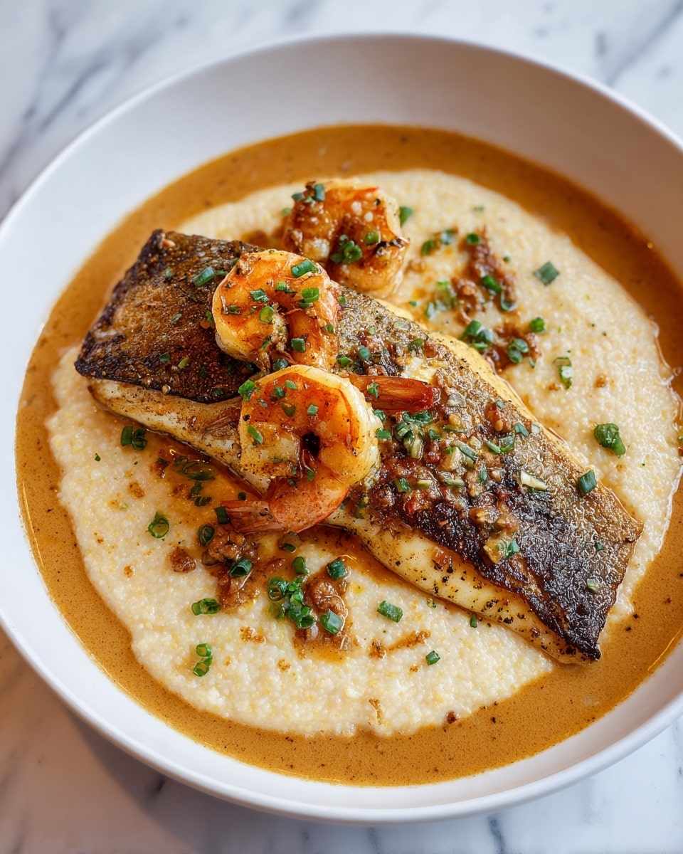 The dish is served in a large white plate with a smooth rim. At the base, there is a creamy pale yellow mashed layer, spread out evenly in a circular shape. On top of that is a thick, golden-brown grilled fish fillet with crisped edges and visible grill marks. Surrounding the fish are several cooked shrimp, pink with slight charring and curled, arranged neatly around the fillet. The entire dish is garnished with chopped green herbs scattered across the fish and shrimp. There is an orange-brown buttery sauce drizzled around the mashed base, creating a vibrant contrast with small flecks of seasoning visible in the liquid. The background is a white marbled surface. Photo taken with an iphone --ar 4:5 --v 7