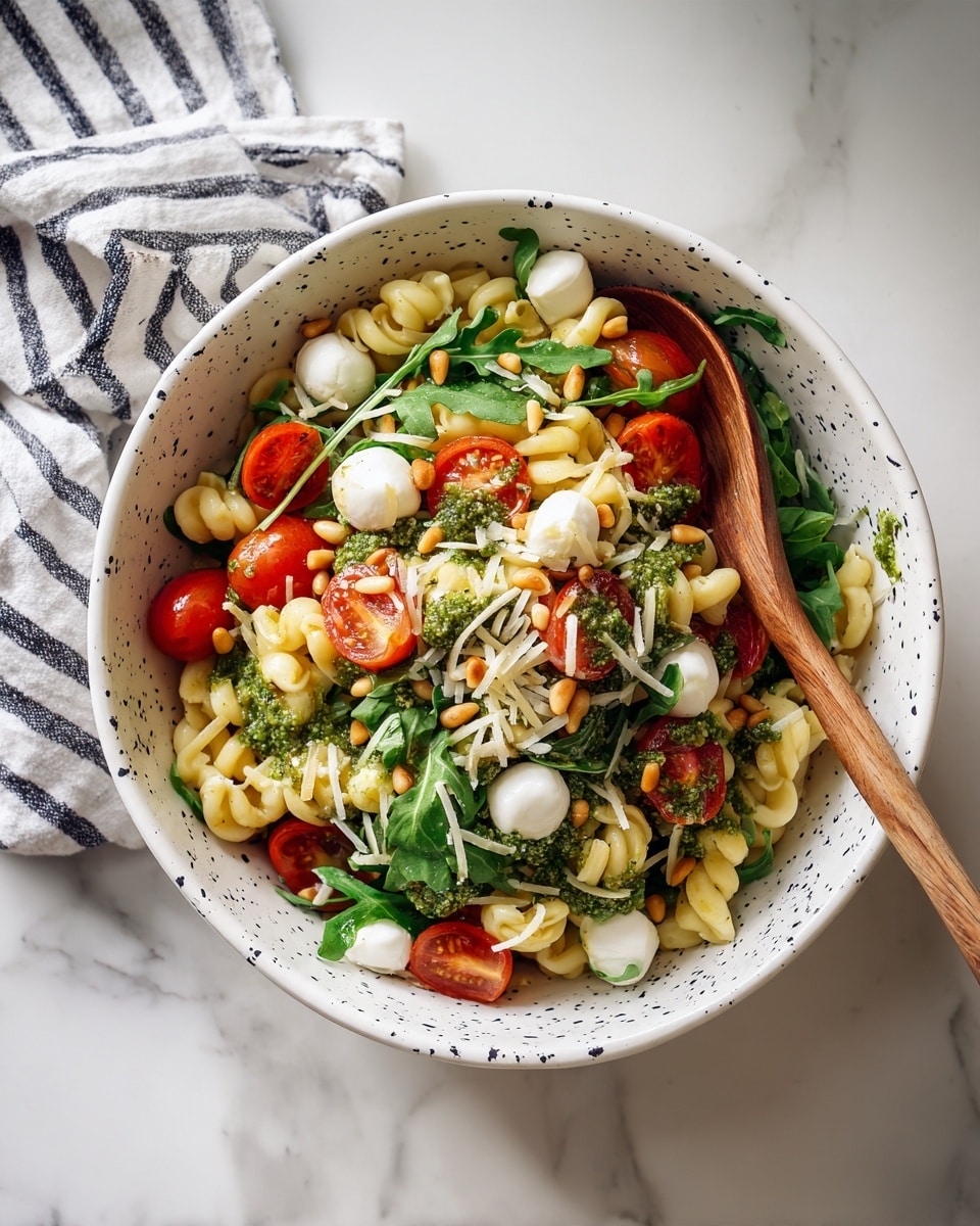 A white bowl with black spots holds a pasta salad with three main layers: a base layer of curly pasta coated in green pesto, scattered with red roasted peppers and white mozzarella balls; a middle layer of fresh green arugula leaves adding a leafy texture; and a top layer sprinkled with shredded white cheese and light brown pine nuts. A wooden spoon rests inside the bowl on a white marbled surface. photo taken with an iphone --ar 4:5 --v 7