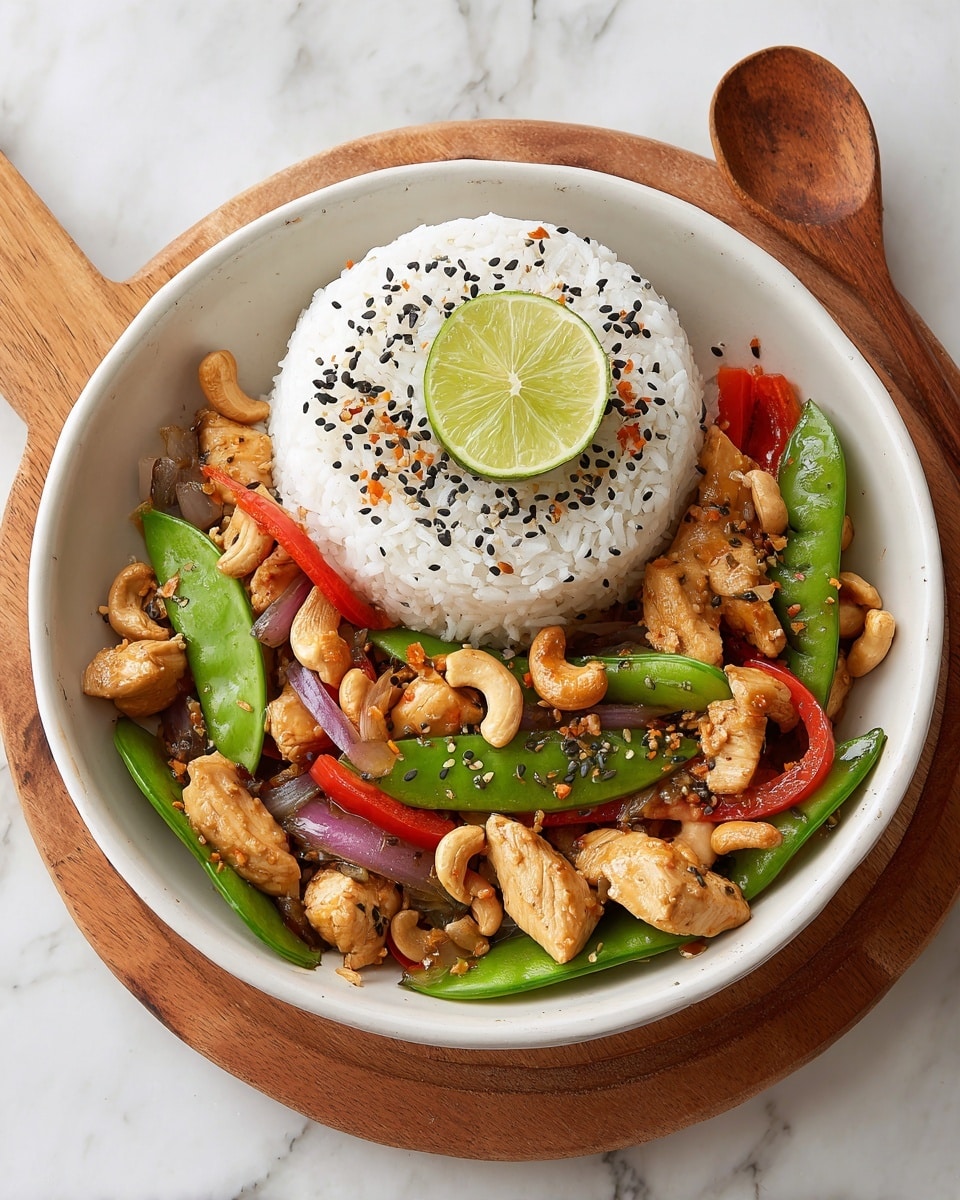 A round white bowl holds a dish with two main layers: a mound of white rice in the center topped with a thin half slice of green lime, and surrounding it, a colorful stir-fry mix of slightly shiny orange-brown chicken strips, bright green snap peas, sliced light green scallions, curved yellow onion pieces, deep red bell pepper strips, and dark red dried chili peppers. Black and white sesame seeds and a light dust of reddish seasoning sprinkle the rice, creating a contrast in color and texture. The bowl is placed on a wooden board set on a white marbled surface. Photo taken with an iphone --ar 4:5 --v 7