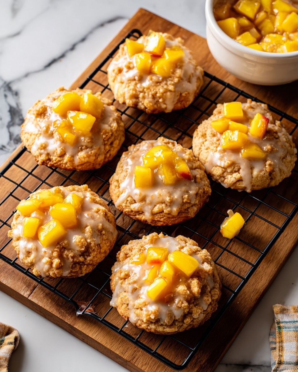 The image shows six round cookies on a black wire cooling rack placed on a wooden surface. Each cookie has a light golden brown base with a slightly crackled texture. On top of each cookie, there is a small pile of bright orange peach pieces surrounded by a thick, shiny peach glaze. Small crumbles of light brown streusel are scattered over the fruit and glaze, adding a crumbly texture to the topping. To the right, a white bowl is filled with more peach glaze and chunks of peach. The background surface is a white marbled texture photo taken with an iphone --ar 4:5 --v 7