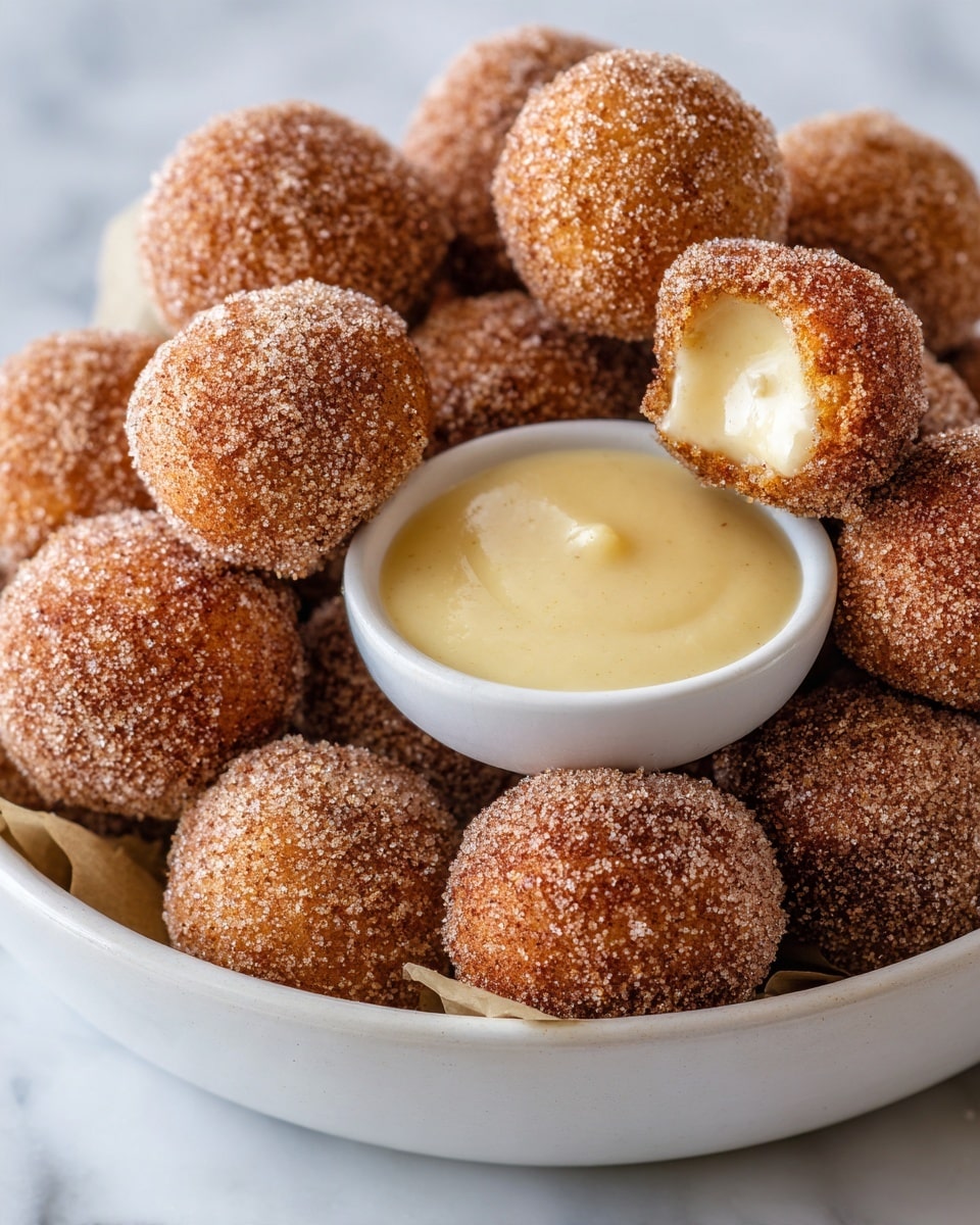 A large white bowl is filled with many small round balls covered in a brown sugar and cinnamon coating, giving them a rough, sugary texture. The balls are golden brown underneath the coating. Inside the bowl, near the bottom left, there is a small white bowl filled with smooth, creamy off-white dipping sauce. One of the round balls is partially dipped into the sauce. The background has a white marbled texture. photo taken with an iphone --ar 4:5 --v 7