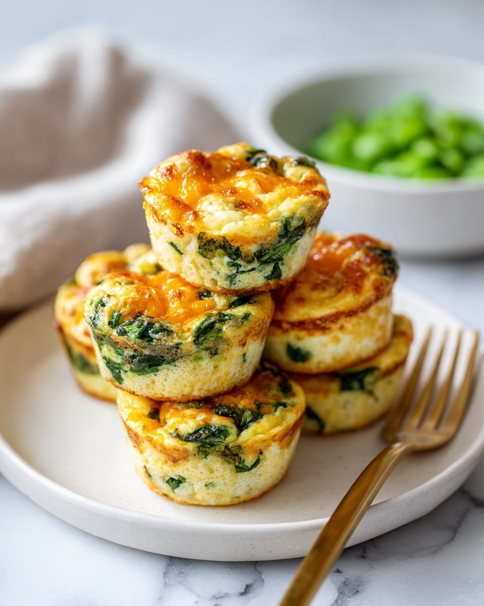 The image shows a white plate with five small, round egg muffins stacked slightly on each other, each muffin having two layers: a pale yellow egg base with green spinach and broccoli pieces mixed inside, topped with a melted orange cheese layer that looks slightly bubbly. The muffins have a soft, fluffy texture with small green vegetable chunks visible throughout. A golden fork is placed on the right side of the plate, resting on the plate's edge. The background is a white marbled surface with a blurred white bowl of green peas in the top right corner. Photo taken with an iphone --ar 4:5 --v 7