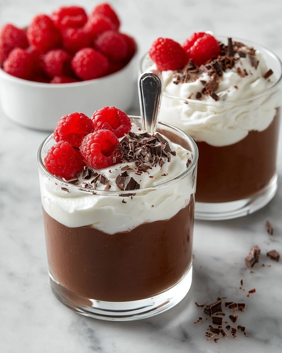 Two clear round glasses are shown on a white marbled surface, each with three layers: the bottom layer is smooth dark brown chocolate pudding, the middle layer is white whipped cream with a soft texture, and the top layer has two bright red raspberries placed on the cream along with small dark chocolate shavings scattered around. One glass has a vintage silver spoon standing upright inside. In the background, there is a white bowl filled with more raspberries. Photo taken with an iphone --ar 4:5 --v 7