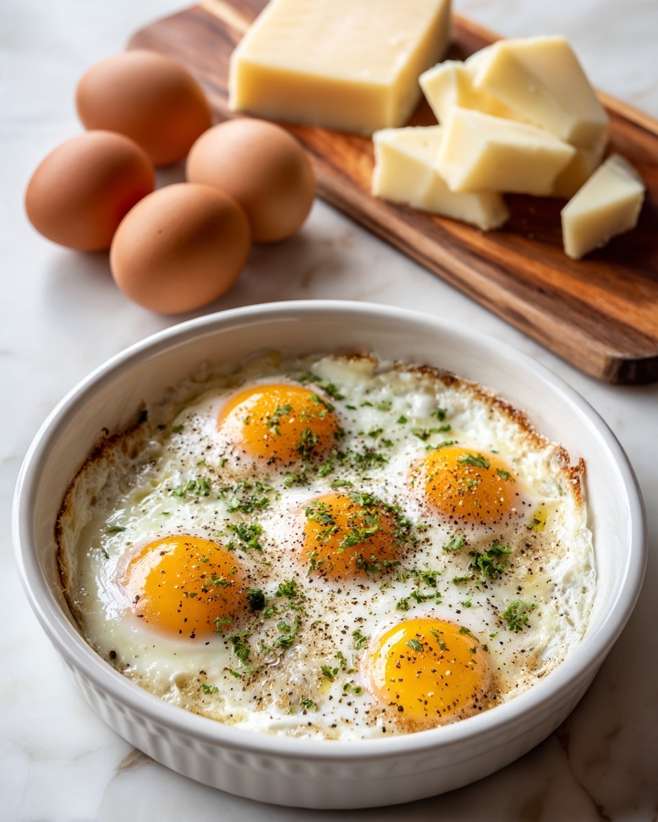 A white round ceramic dish holds five baked eggs arranged in a circle with one in the center. The egg whites are cooked firm with slightly browned edges, while the yolks are shiny and bright orange-yellow, sitting raised on the surface. The eggs are sprinkled with black pepper and finely chopped green herbs in the middle. Behind the dish, on a white marbled surface, three brown eggs are placed near a wooden board with two blocks of pale yellow cheese. Photo taken with an iphone --ar 4:5 --v 7