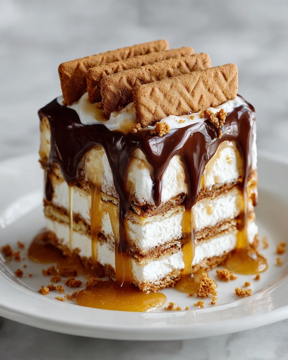 The dessert is a multi-layered square slice with five visible layers of light brown biscuit and four layers of white cream filling alternating from bottom to top. Between the cream and biscuit layers, there are streaks of golden caramel sauce dripping slightly down the sides. On the top, a shiny dark chocolate sauce drips over the edge, covering the last cream and biscuit layer. The top is decorated with square pieces of crumbly light brown biscuit arranged in neat rows. The dessert sits on a white plate on a background with a white marbled texture. photo taken with an iphone --ar 4:5 --v 7