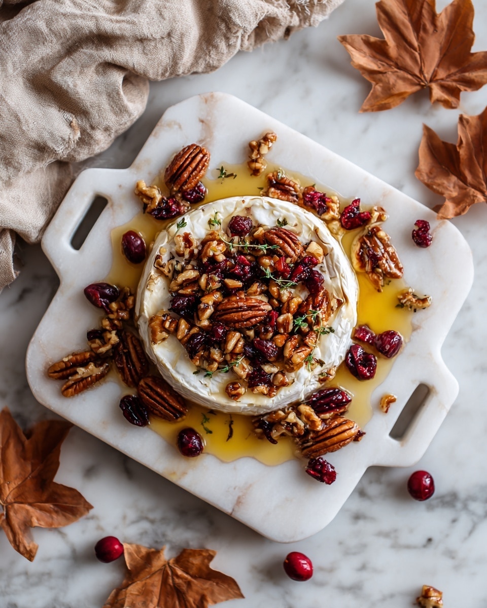 A white round wheel of soft cheese with a slightly wrinkled texture and pale yellow rind sits in the center of a white marble square dish. On top of the cheese is a pile of glossy reddish dried cranberries mixed with whole and chopped brown pecans, some still with shells. Golden syrup or honey is poured generously over the cheese and nuts, pooling around the base and dripping onto the dish. Scattered dried cranberries and whole pecans are spread around the cheese on the dish. A beige linen cloth is partially visible at the top left corner, and some brown and orange autumn leaves rest on the white marble background to the right. Photo taken with an iphone --ar 4:5 --v 7