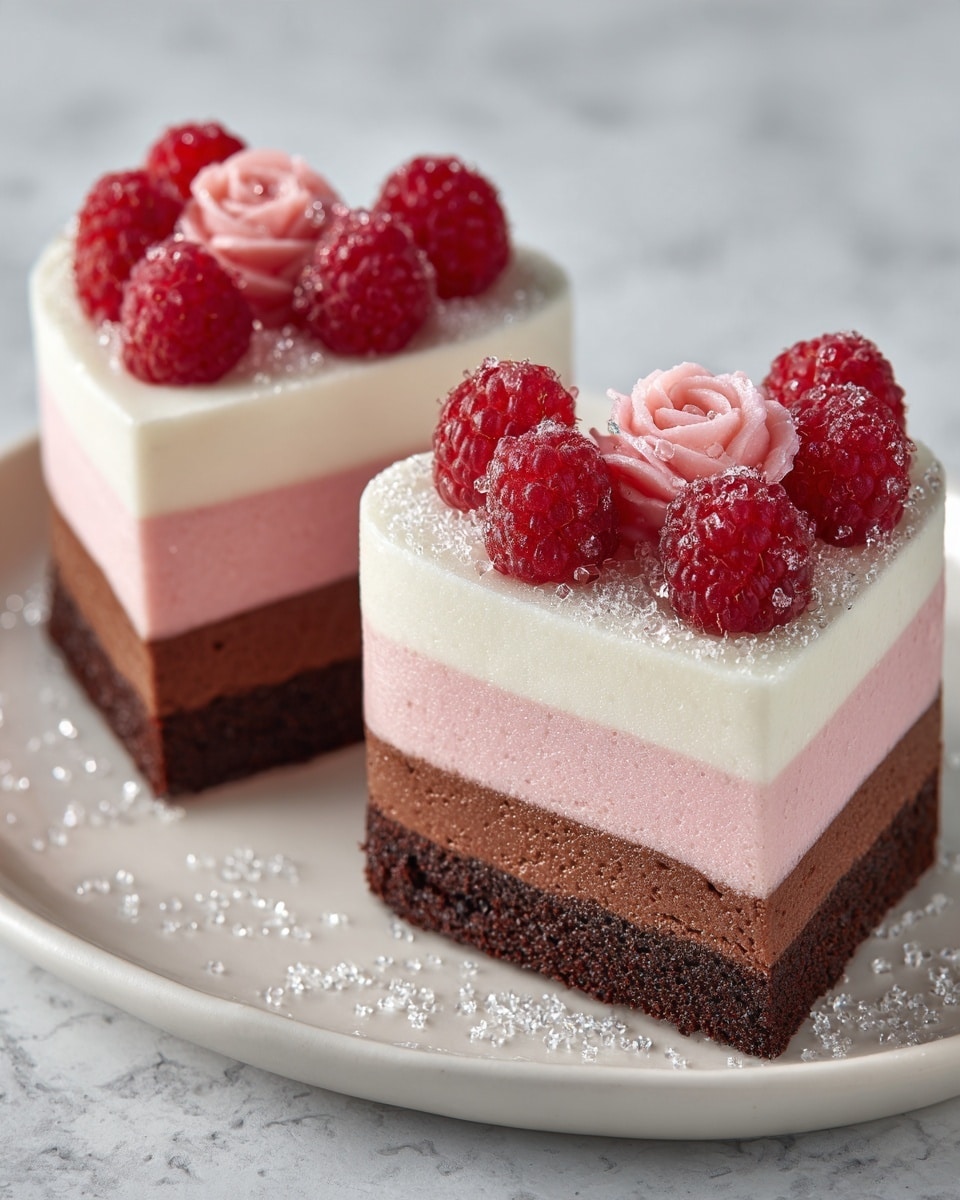 The image shows two heart-shaped layered cakes on a white plate placed on a white marbled surface. Each cake has four layers: a dark brown base layer with a rough texture, a smooth pink layer above it, a smooth white layer on top of the pink, and a thin dark brown glossy layer as the top layer. On the top layer, there are fresh red raspberries and a small red rose-shaped decoration with some sprinkled sugar crystals. The picture is clear and bright, with soft natural light highlighting the texture and colors of the cakes, photo taken with an iphone --ar 4:5 --v 7