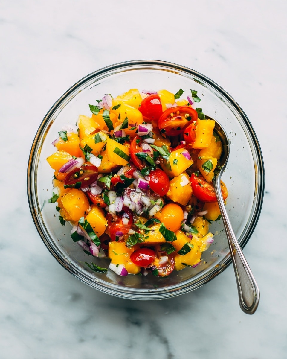 A clear glass bowl is filled with a colorful fruit and herb mix. The bottom and middle layers are made of small, light yellow chunks of pineapple and pale orange pieces of cantaloupe. Bright red small round tomato-like pieces are scattered throughout. Tiny bits of purple onion and fresh green herbs with small leaves are mixed evenly in all layers. A silver spoon rests inside the bowl, leaning against the side. The bowl sits on a white marbled surface. photo taken with an iphone --ar 4:5 --v 7
