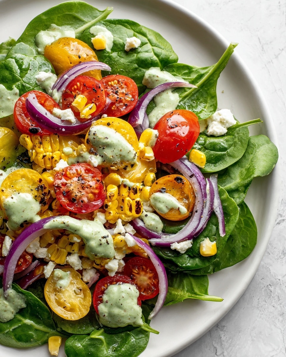 A white plate filled with fresh green spinach leaves as the base layer, topped with bright yellow grilled corn pieces with visible char marks, red and yellow cherry tomatoes halved, thin slices of purple-red onion scattered throughout, small white crumbles of cheese, all drizzled with a creamy green herb dressing that gently coats the ingredients. The salad rests on a white marbled surface. photo taken with an iphone --ar 4:5 --v 7