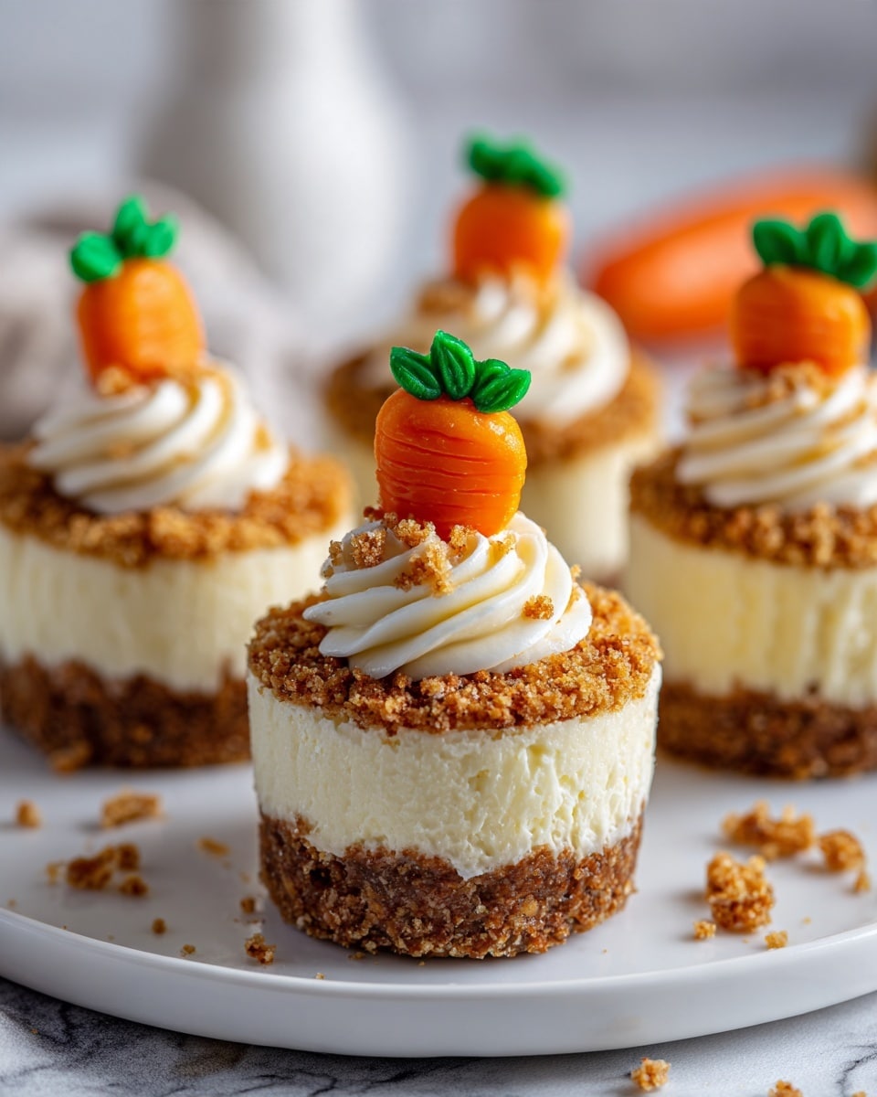 The image shows several mini carrot cheesecakes arranged on a white plate. Each cheesecake has three visible layers: a rough-textured brown crumb base on the bottom, a thick creamy white cheesecake layer in the middle, and a crumbly brown topping that covers the surface. On top of each cheesecake, there is a swirl of smooth white cream that holds a small, detailed orange carrot decoration with green leaves, made from icing or fondant. Some small pieces of nuts and a few tiny shreds of orange carrot are scattered on the cream near the carrot decoration. The background features a soft, blurred white marbled texture. photo taken with an iphone --ar 4:5 --v 7