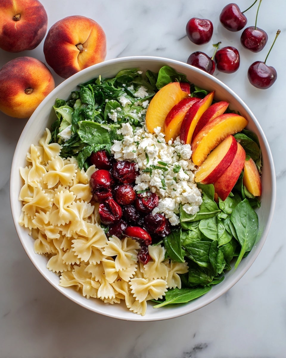 A white bowl filled with three main layers: the bottom layer is a mix of bowtie-shaped pasta in a pale yellow color, the middle layer has green spinach leaves scattered unevenly, and the top layer includes sliced peaches with reddish-orange skin and bright yellow flesh, halved deep red cherries, and small white crumbles of cheese sprinkled all over. The pasta looks slightly glossy, and the spinach adds a fresh touch while the fruit brings vibrant color contrasts. The bowl is placed on a white marbled surface with whole peaches and cherries around it in the background. photo taken with an iphone --ar 4:5 --v 7