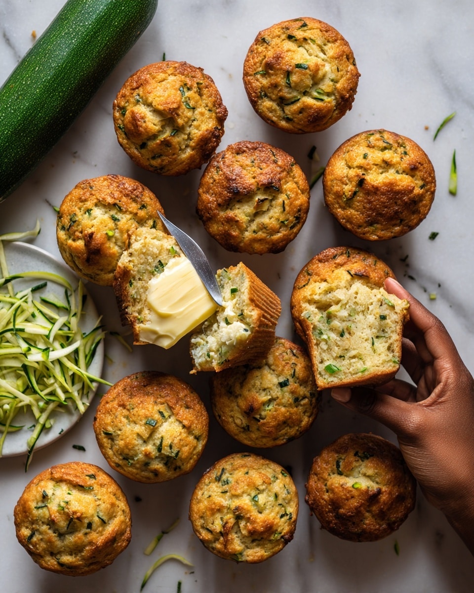 A group of golden-brown savory muffins with visible green zucchini bits inside sit on a white marbled surface. One muffin is split open with a soft, creamy butter spread on it using a knife held by a woman's hand. Around the muffins is a fresh pile of shredded green zucchini, alongside a whole dark green zucchini. The muffins have a slightly rough, crispy texture on top, showing light and dark brown spots, and the inside looks soft and moist with uneven chunks of zucchini. photo taken with an iphone --ar 4:5 --v 7