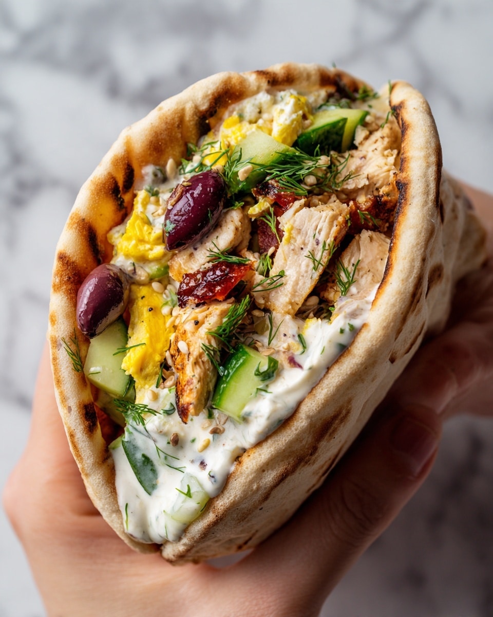 A pita bread filled with several layers starts at the base with a layer of chopped green cucumber pieces mixed with fresh green herbs. On top of that is a generous layer of cooked light brown grilled chicken chunks placed evenly. Quartered boiled eggs with bright yellow yolks and white edges are scattered across, along with small dark brown olives. White crumbled cheese is sprinkled throughout, adding texture. Fresh green dill sprigs are used as garnish, and the pita edges have a soft toasted light beige color. A woman's hand is holding the pita from the side, and the dish is placed on a white marbled surface. Photo taken with an iphone --ar 4:5 --v 7
