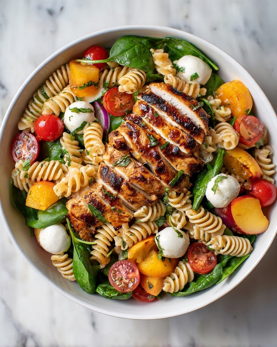 In a white bowl on a white marbled surface, there is a colorful pasta salad with five layers of ingredients. The base layer is fresh dark green spinach leaves. Above this are light brown spiral pasta and yellow and red small cherry tomatoes scattered around. The third layer has slices of red and yellow peach wedges placed evenly. The top layer consists of grilled chicken pieces with a golden-brown crust and thinly torn strips of crispy brown prosciutto. Small white mozzarella balls and finely chopped green herbs are spread across the dish, adding texture and color. Photo taken with an iphone --ar 4:5 --v 7
