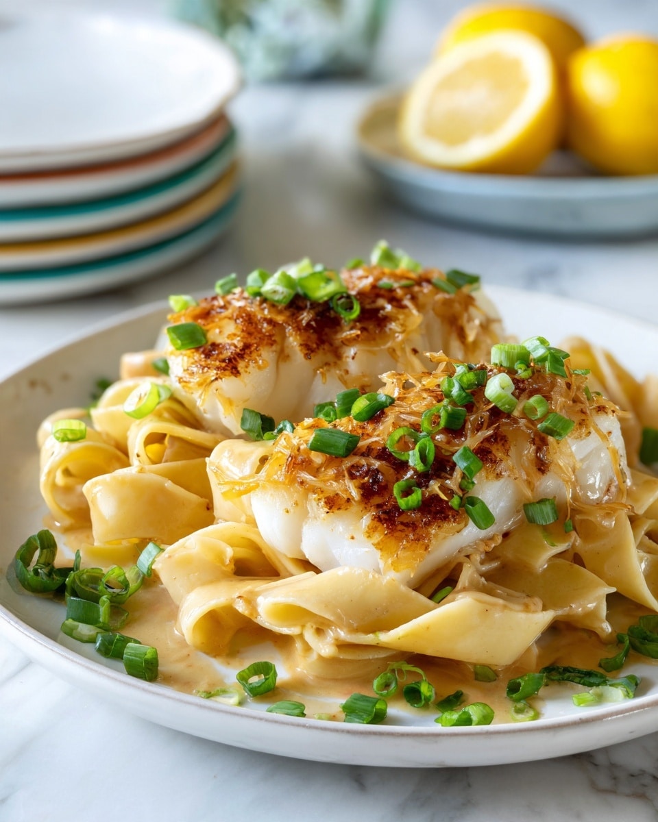 The dish shows a white plate with a bed of wide, flat pasta ribbons that are light brown and glossy, spread out in an uneven layer at the bottom. On top are two pieces of cooked fish with a golden-brown crust, lightly seasoned with black specks, placed side by side near the center. The fish pieces have a flaky texture visible on the edges. Fresh chopped green onions are sprinkled on the fish and scattered around the plate, adding bright green color. In the background, there is a blurred stack of three nested oval dishes in white and orange, and a small white plate with one half lemon and a green lime on a white marbled surface. The photo taken with an iphone --ar 4:5 --v 7