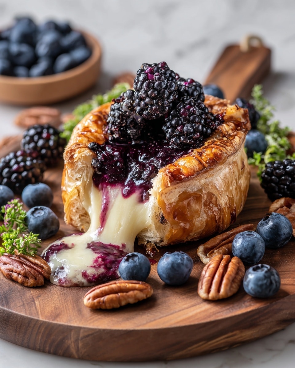 A golden brown puff pastry wrapped around a creamy melted cheese layer that oozes out, topped with a dark purple berry sauce spilling down the side. On top of the pastry, there are fresh blackberries and blueberries with green thyme sprigs scattered around. The wooden board underneath holds more blueberries, blackberries, and pecans, all set against a white marbled surface. photo taken with an iphone --ar 4:5 --v 7