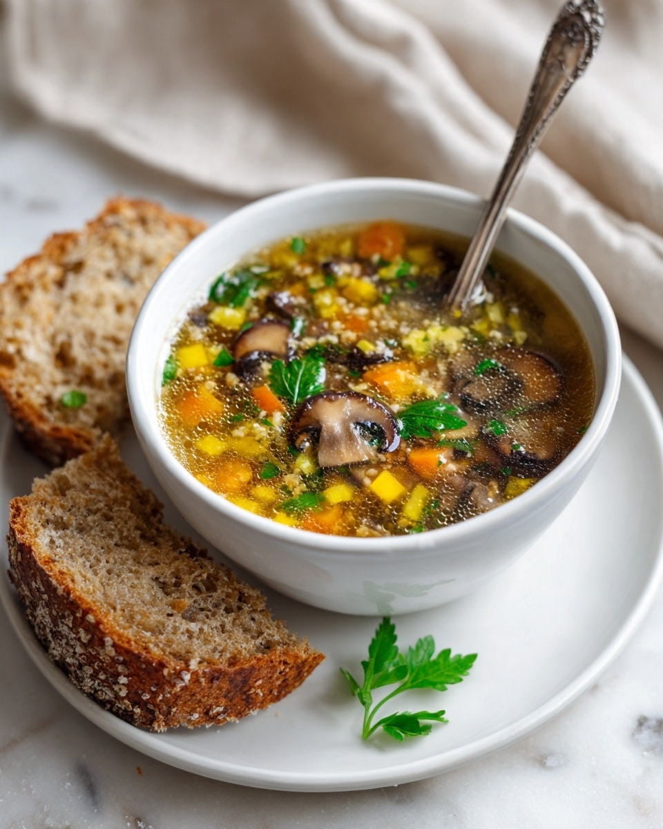 The image shows a black bowl filled with soup, placed on a black plate. The soup has a clear broth with layers of light brown cooked barley, yellow and orange diced vegetables, brown mushroom slices, and green herbs visible inside. On the soup’s surface, there is a green parsley garnish. A silver spoon is resting inside the bowl with its handle extending outward. Next to the bowl on the white marbled surface are two pieces of golden brown bread with a crusty texture. The background is softly lit beige fabric. Photo taken with an iphone --ar 4:5 --v 7