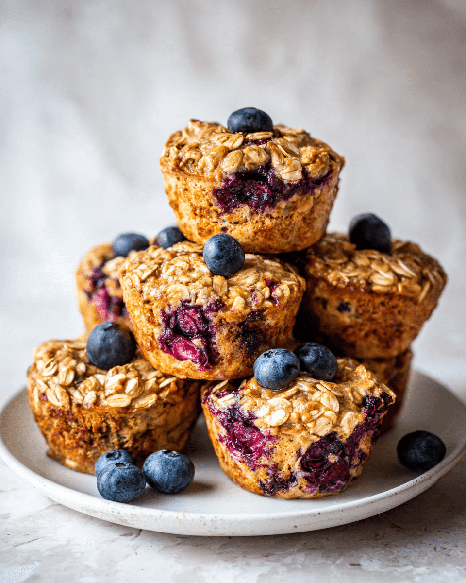 There are six oatmeal blueberry muffins on a white plate, stacked closely together with one muffin placed on top in the center. The muffins are golden brown with a rough oat texture, and baked blueberries are visible inside each muffin, some popping out slightly. Fresh blueberries are scattered on top of the muffins and around the plate. The plate sits on a white marbled surface. photo taken with an iphone --ar 4:5 --v 7