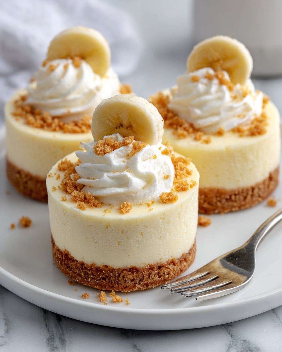 The image shows three small round cheesecakes placed on a white plate with a white marbled background. Each cheesecake has two clear layers: a crumbly brown base and a smooth, creamy light yellow top layer. On top of each cheesecake is a swirl of white whipped cream, with small golden crumbs sprinkled around the whipped cream. A round slice of banana is placed upright in the center of the whipped cream on each cheesecake. A woman's hand is not visible but the edge of a silver fork is placed on the plate near the cheesecakes. Photo taken with an iphone --ar 4:5 --v 7