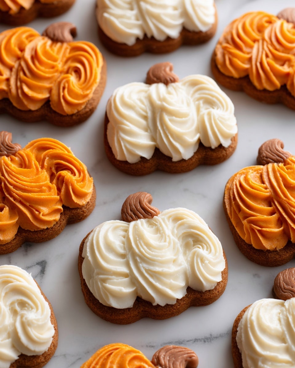 A group of pumpkin-shaped cookies spread on a white marbled surface, each cookie has two main layers: a golden-brown cookie base and piped frosting on top. The frosting on most cookies is bright orange, with thick lines giving a textured look in a pumpkin shape, and a small dark brown swirl at the top representing the stem. Some cookies have white frosting with the same thick piped texture, topped with the same dark brown stem. One cookie in the bottom right corner has a bite taken out, showing the crisp texture of the cookie. Small crumbs scatter around the bitten cookie. photo taken with an iphone --ar 4:5 --v 7