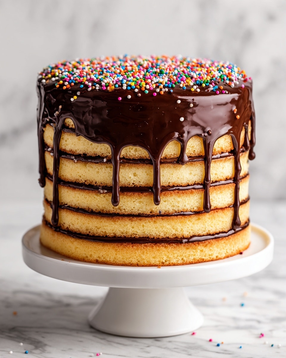 The image shows a tall, layered yellow cake with eight thin layers stacked evenly. Between each cake layer is a smooth, dark chocolate filling that slightly drips down the sides. The top layer is fully covered with shiny chocolate ganache, also dripping down the edges. Small, round, colorful sprinkles are scattered over the chocolate on top. The cake stands on a white cake stand with a ruffled edge, placed on a white marbled surface, with a soft light background. photo taken with an iphone --ar 4:5 --v 7