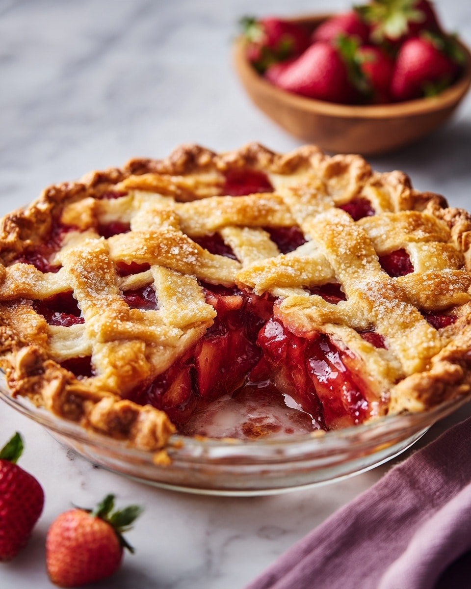 A round pie in a clear glass dish with a golden brown crust. The crust has a thick braided edge that looks crispy and sprinkled with coarse sugar. The top crust has a lattice pattern made of wide, crisscrossed dough strips showing bright red, juicy strawberry filling underneath. One slice is cut and slightly pulled out, revealing a thick layer of strawberry pieces and juice inside. The pie is set on a white marbled surface with a purple cloth beside it and a wooden bowl of fresh red strawberries nearby. Photo taken with an iphone --ar 4:5 --v 7