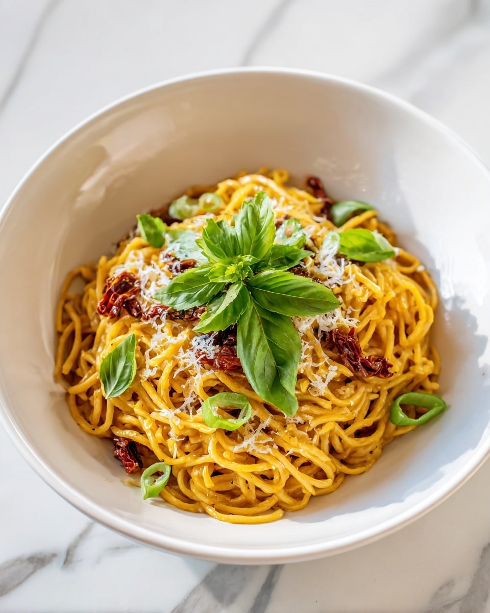 A mound of yellow spaghetti pasta is placed in a white bowl on a white marbled surface. The pasta is covered with small bits of dark red sun-dried tomatoes and thin green basil strips scattered evenly throughout. On top, there is a small bunch of fresh green basil leaves standing upright in the center. Fine white grated cheese is sprinkled over the dish, adding a light textured layer. The pasta looks creamy and well-mixed with the toppings visible all around. Photo taken with an iphone --ar 4:5 --v 7