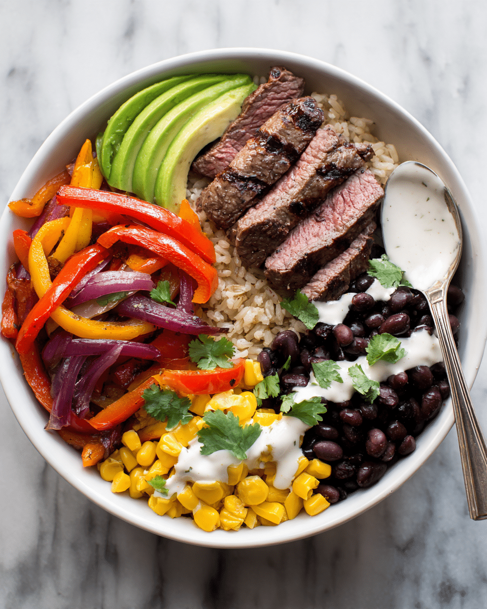 The image shows three white bowls set on a white marbled surface, each filled with layers of food. The bottom layer in every bowl is light brown rice. On top of the rice, there are sections of grilled steak slices, black beans, bright yellow corn, and sautéed red and yellow bell peppers mixed with onions. One bowl also has slices of green avocado placed on the side. The food is drizzled with a white creamy sauce and sprinkled with fresh green cilantro leaves. A fork is placed next to one bowl, and a small white bowl with extra sauce is visible near the top right. photo taken with an iphone --ar 4:5 --v 7