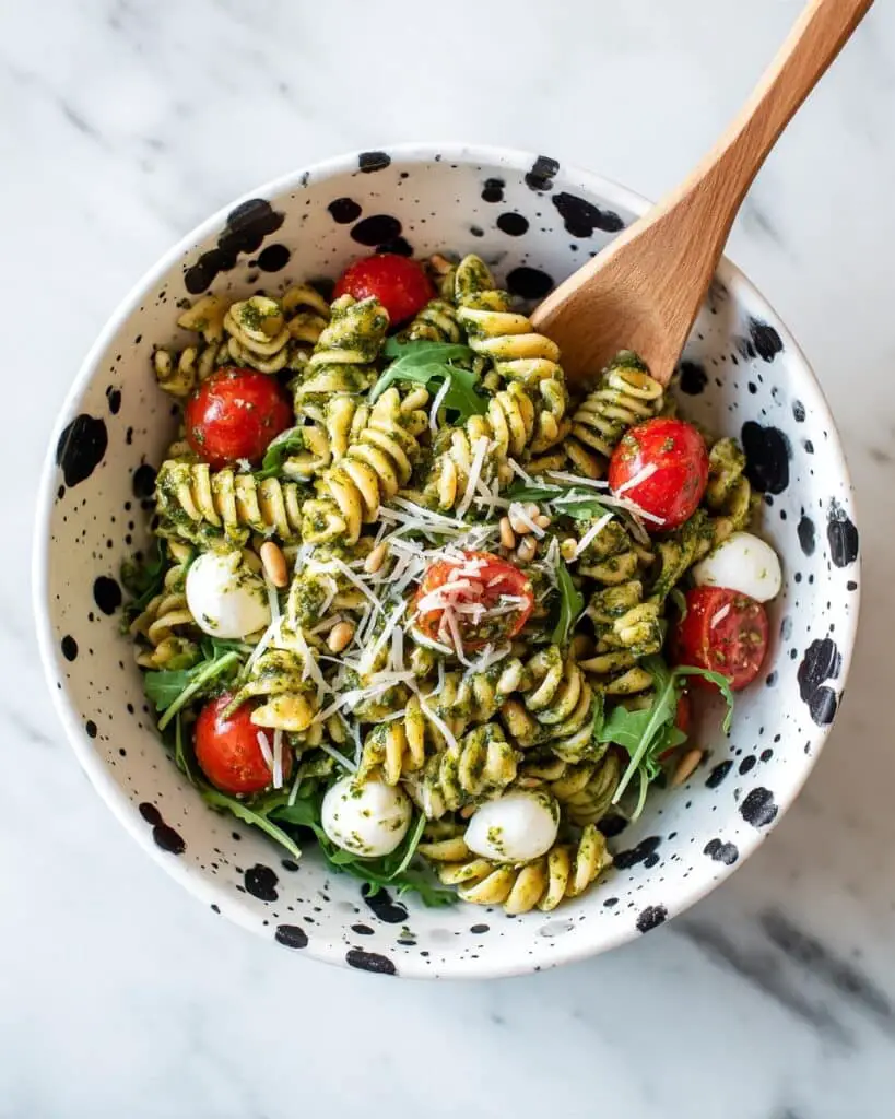Pesto Pasta Salad with Cherry Tomatoes, Bocconcini, and Toasted Pine Nuts Recipe