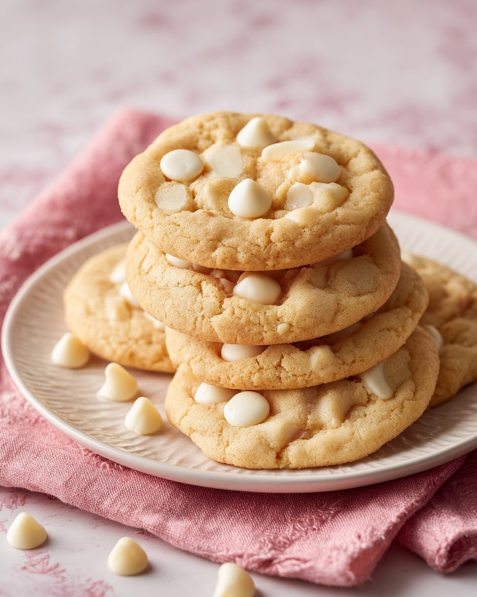 The image shows a pile of small golden brown cookies with white chips on top, stacked on a white plate with a light blue edge. The cookies have a soft, slightly bumpy texture and are round in shape. The plate rests on a pink cloth with white patterns, placed on a white marbled surface. Some white chips are scattered around the plate, adding to the cozy and inviting look. photo taken with an iphone --ar 4:5 --v 7