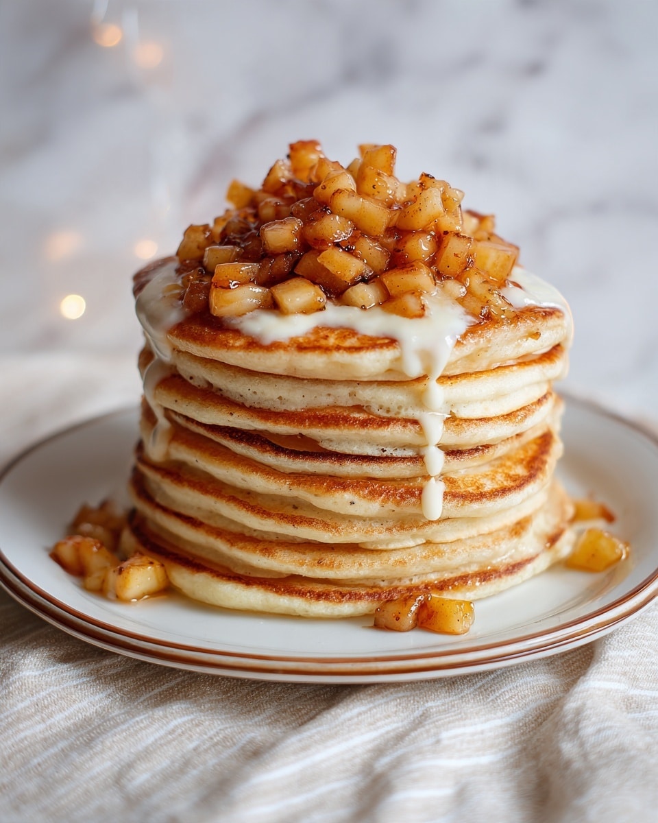 A tall stack of six round pancakes with a dark golden brown color sits on a white plate with a rustic brown rim, placed on a white marbled surface. The pancakes are topped with many small, browned apple pieces, both on top and scattered around the plate. A white glaze is drizzled over the pancakes and apple pieces, creating a slightly shiny and smooth texture that runs down the sides of the stack. The background is soft with light bokeh effects in cream and beige tones. photo taken with an iphone --ar 4:5 --v 7