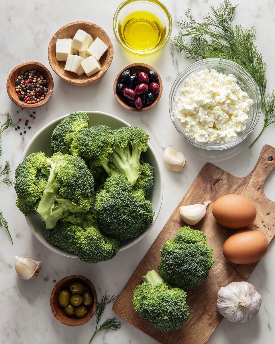 The image shows fresh broccoli florets in a large white bowl and three large broccoli pieces laying on a white marbled surface. Nearby, there are small wooden bowls holding different ingredients: one with white cubed cheese, one with black and red olives, one with mixed peppercorns, and one with white crumbled cheese. There is a clear glass bowl filled with white cottage cheese, a small glass container with light golden olive oil, three whole brown eggs on a wooden cutting board, three garlic bulbs scattered around, and a small bunch of fresh dill on the board. The composition is neat and colorful, all laid out on a white marbled background photo taken with an iphone --ar 4:5 --v 7