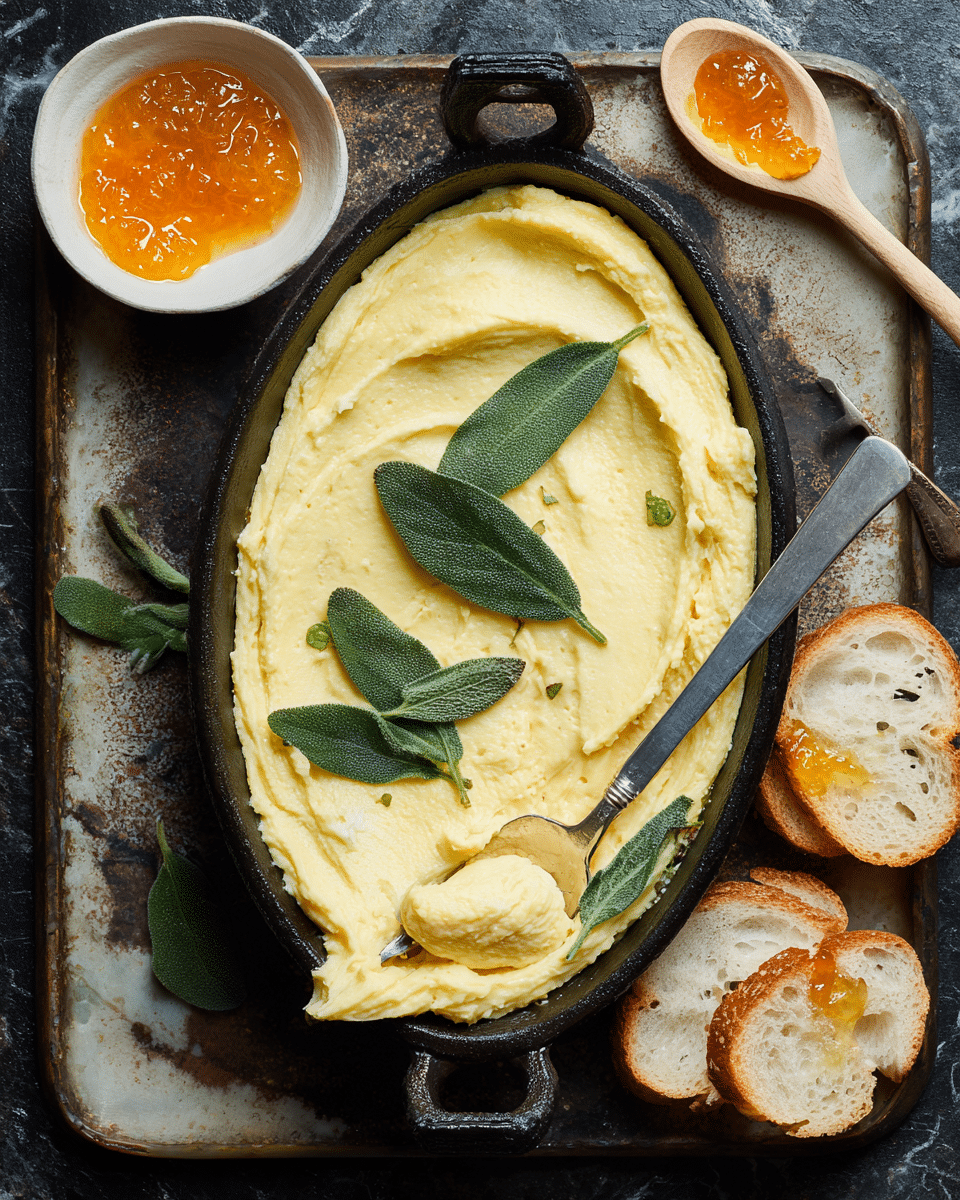 An oval black cast iron dish holds a smooth, pale yellow pate topped with three whole green bay leaves evenly spaced. A silver knife with a thick, rounded handle rests on the edge of the dish, its blade smeared with a creamy, light brown spread taken from the pate, where a small round scoop is missing. Around the dish on a dark, textured surface, there is a small white bowl filled with shiny orange marmalade in the top left corner, a wooden spoon coated with marmalade in the upper right, and scattered pieces of toasted white baguette with light brown spread on some slices. photo taken with an iphone --ar 4:5 --v 7